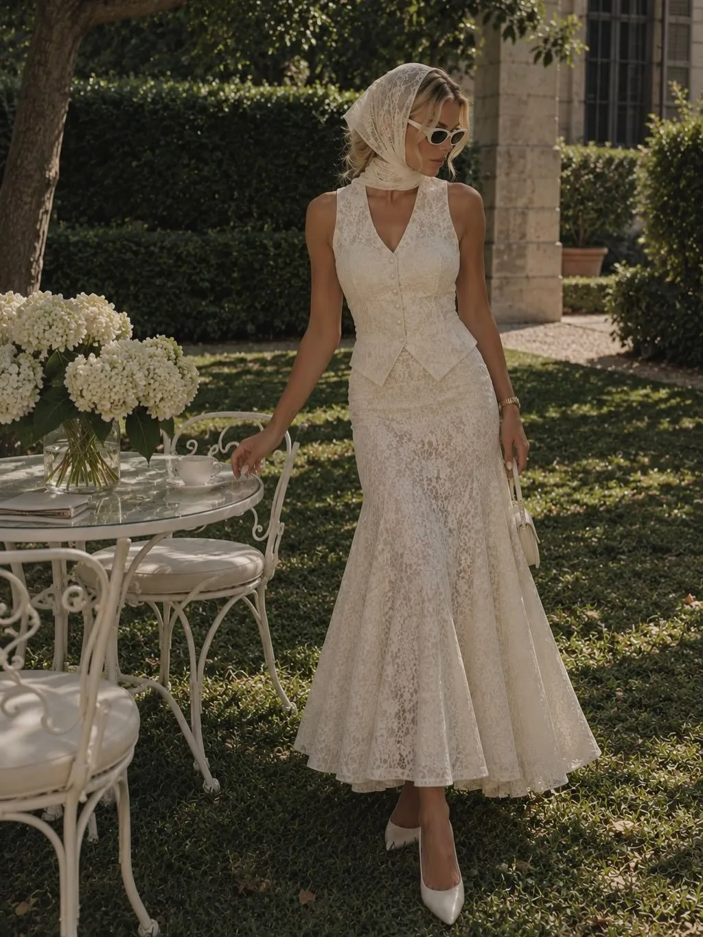 Halter yaka dantel midi elbise Rerre